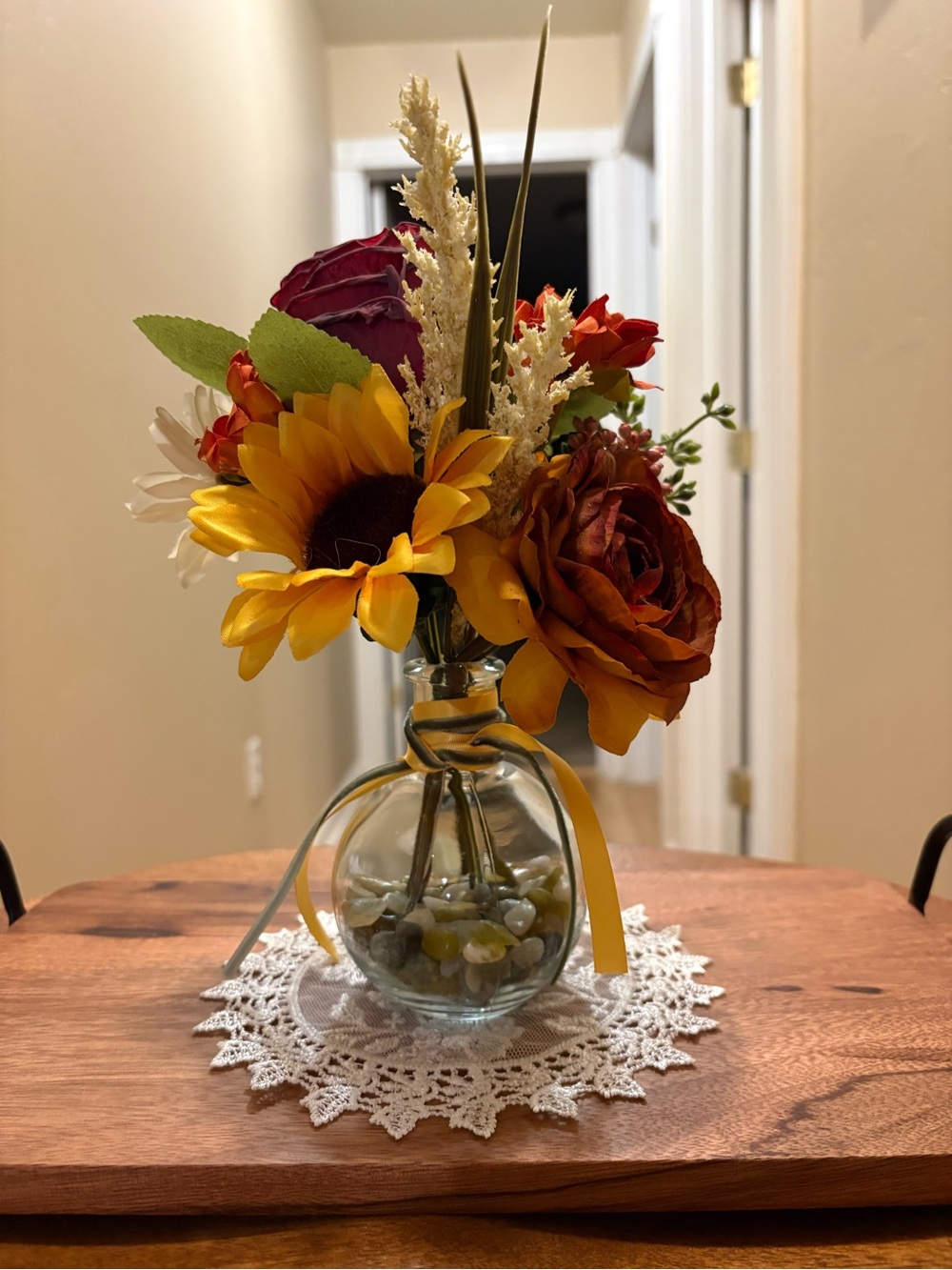 Artificial Sunflower and Rose Bouquet in Glass Vase - Yellow, Red, Orange